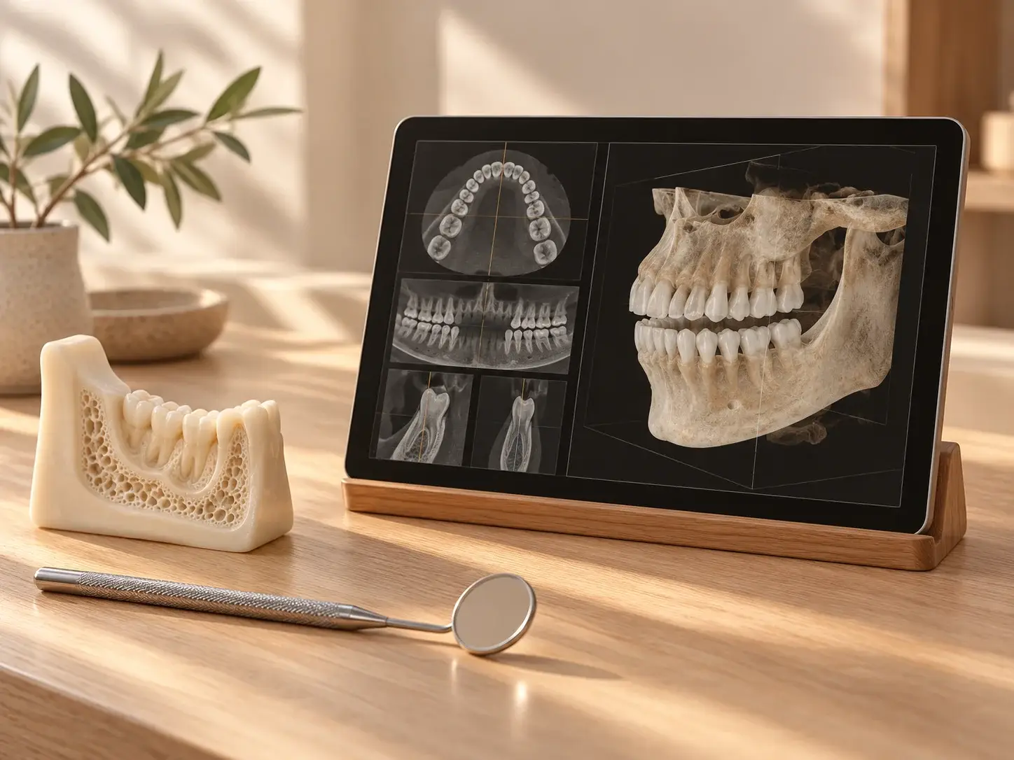 Escáner intraoral blanco en su base junto a dos modelos dentales impresos en 3D, uno gris y otro ámbar translúcido.