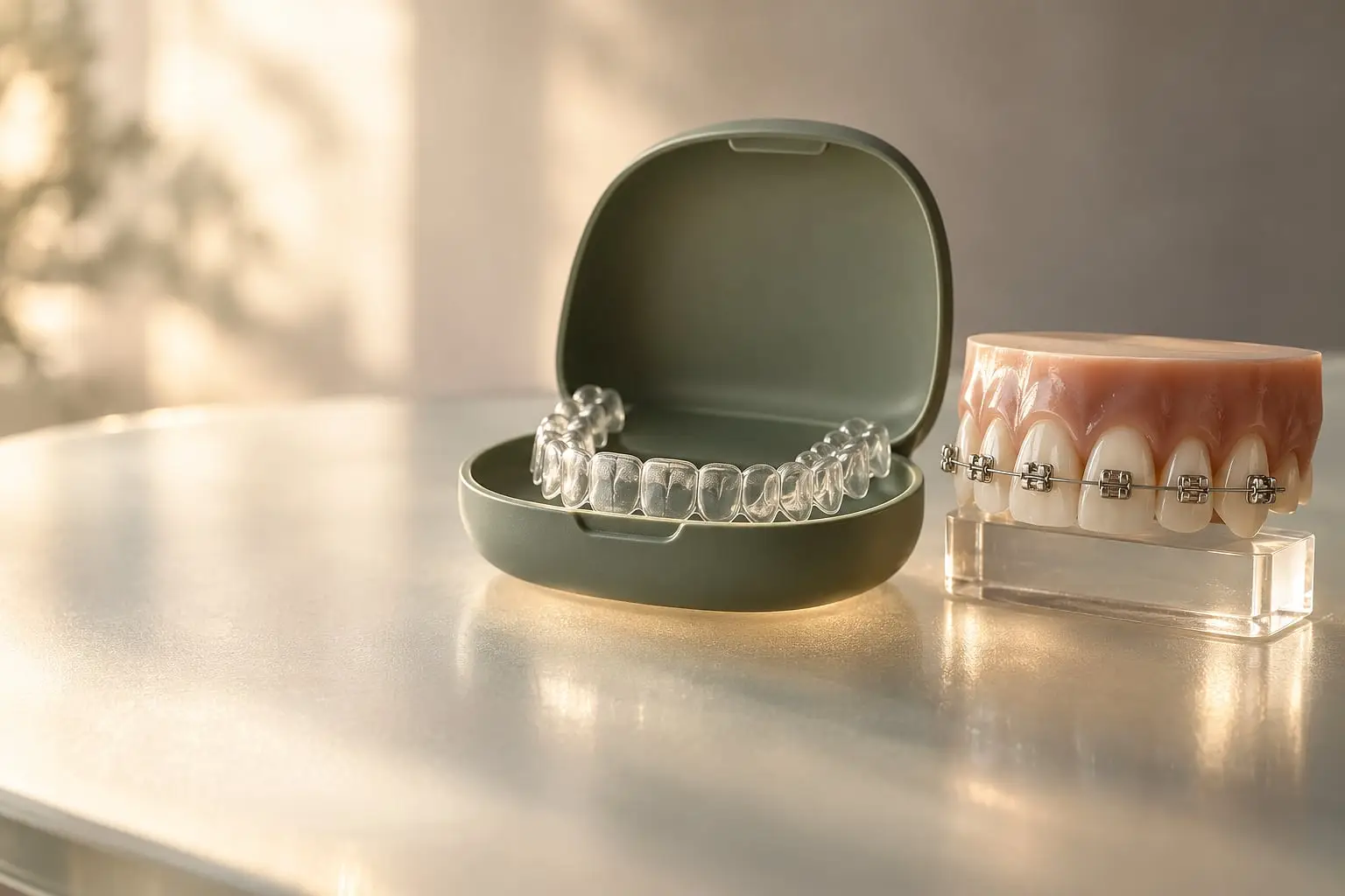 Alineador transparente en su estuche verde salvia junto a un modelo dental con brackets.