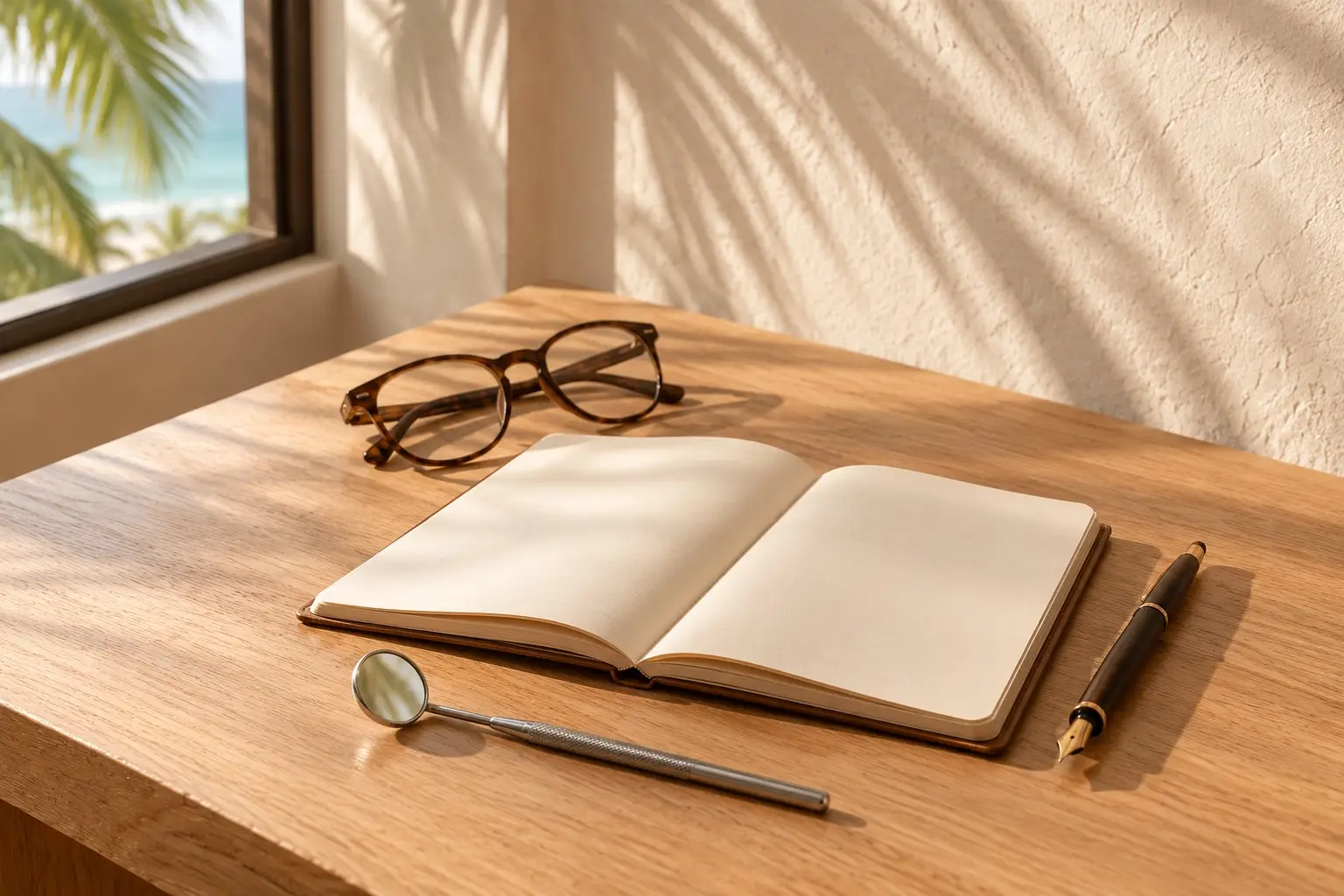 Libreta abierta, una pluma, unos lentes y un espejo dental sobre un escritorio de roble junto a la ventana.
