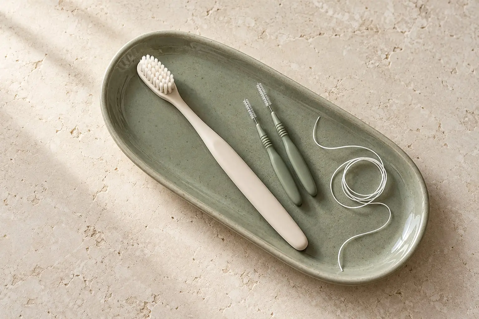 Cepillo de cerdas suaves, cepillos interdentales e hilo dental sobre una charola de cerámica verde salvia.