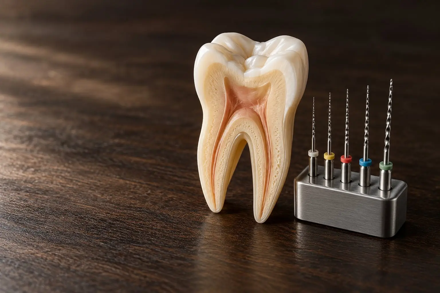 Modelo de un diente cortado que muestra sus conductos junto a limas de endodoncia en un organizador de acero.