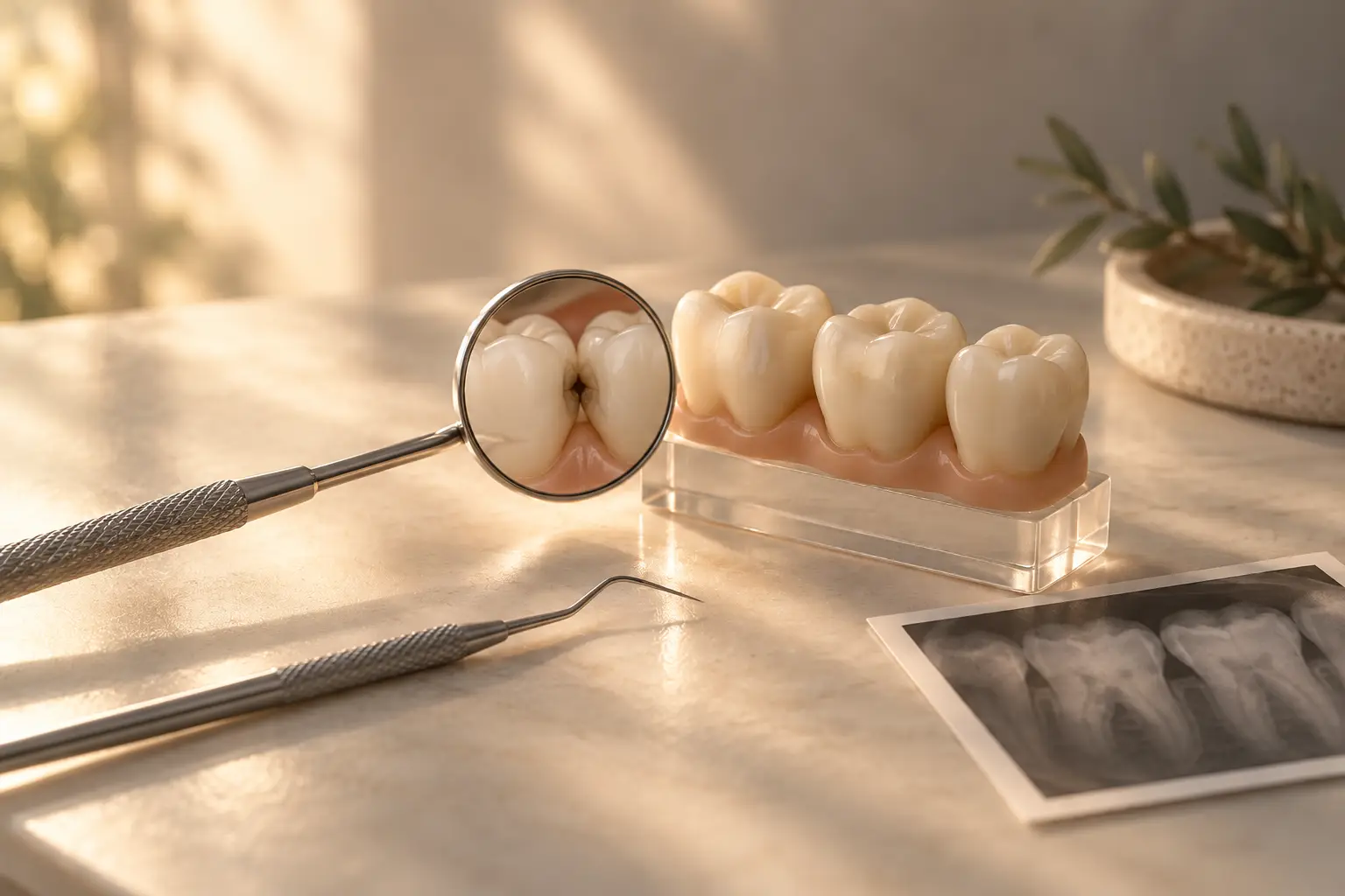 Un espejo dental refleja una caries entre dos muelas, junto a un modelo dental, un explorador y una radiografía sobre una mesa clara.