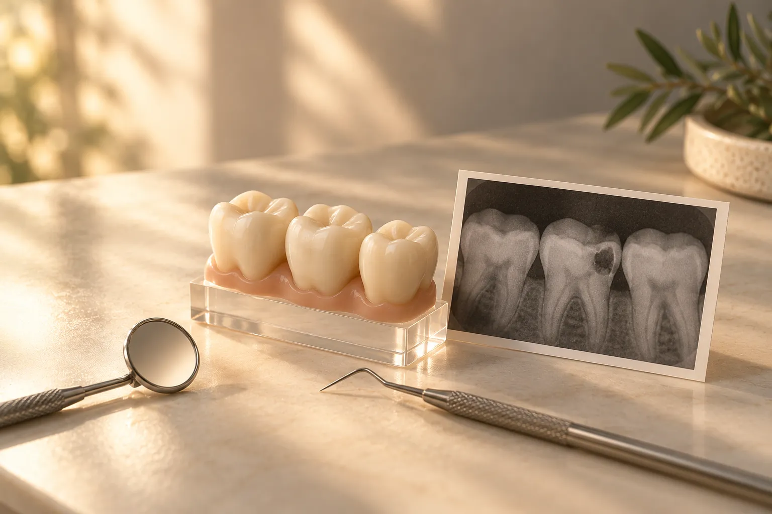 Un modelo dental de tres muelas junto a una radiografía en la que la caries de la muela central se ve como una mancha oscura.