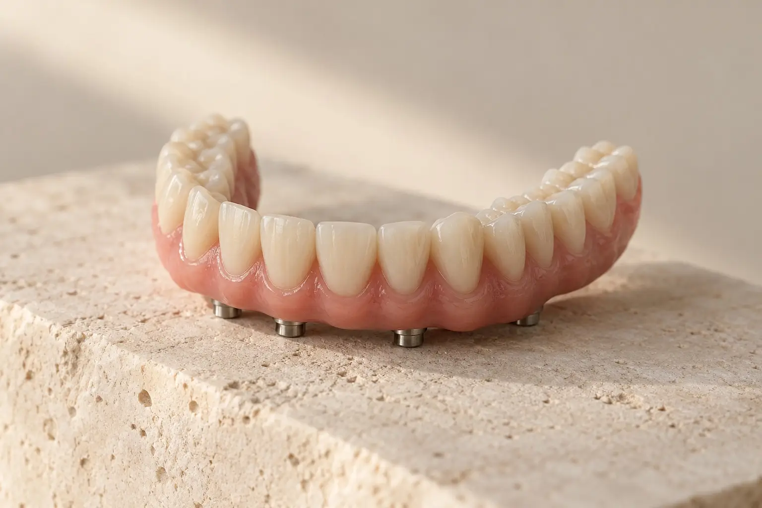 Prótesis fija de arcada completa sobre implantes, con sus conexiones de titanio, sobre un pedestal de piedra caliza.
