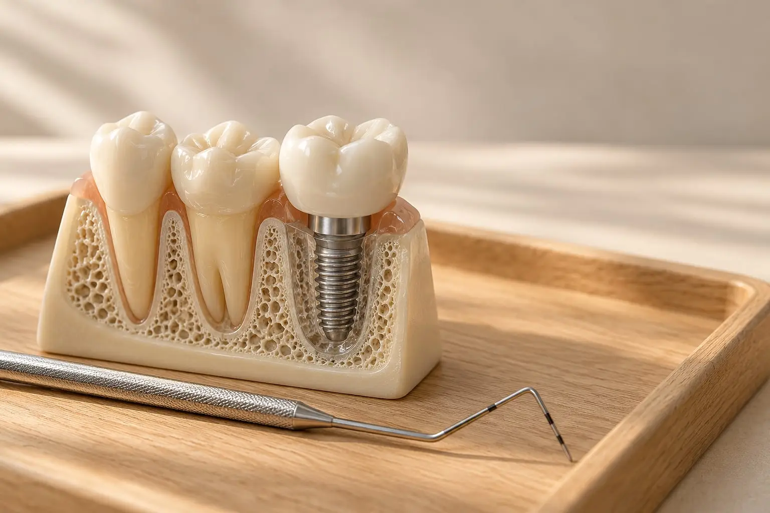 Modelo dental didáctico con un implante y su corona, y una sonda periodontal sobre una charola de roble.