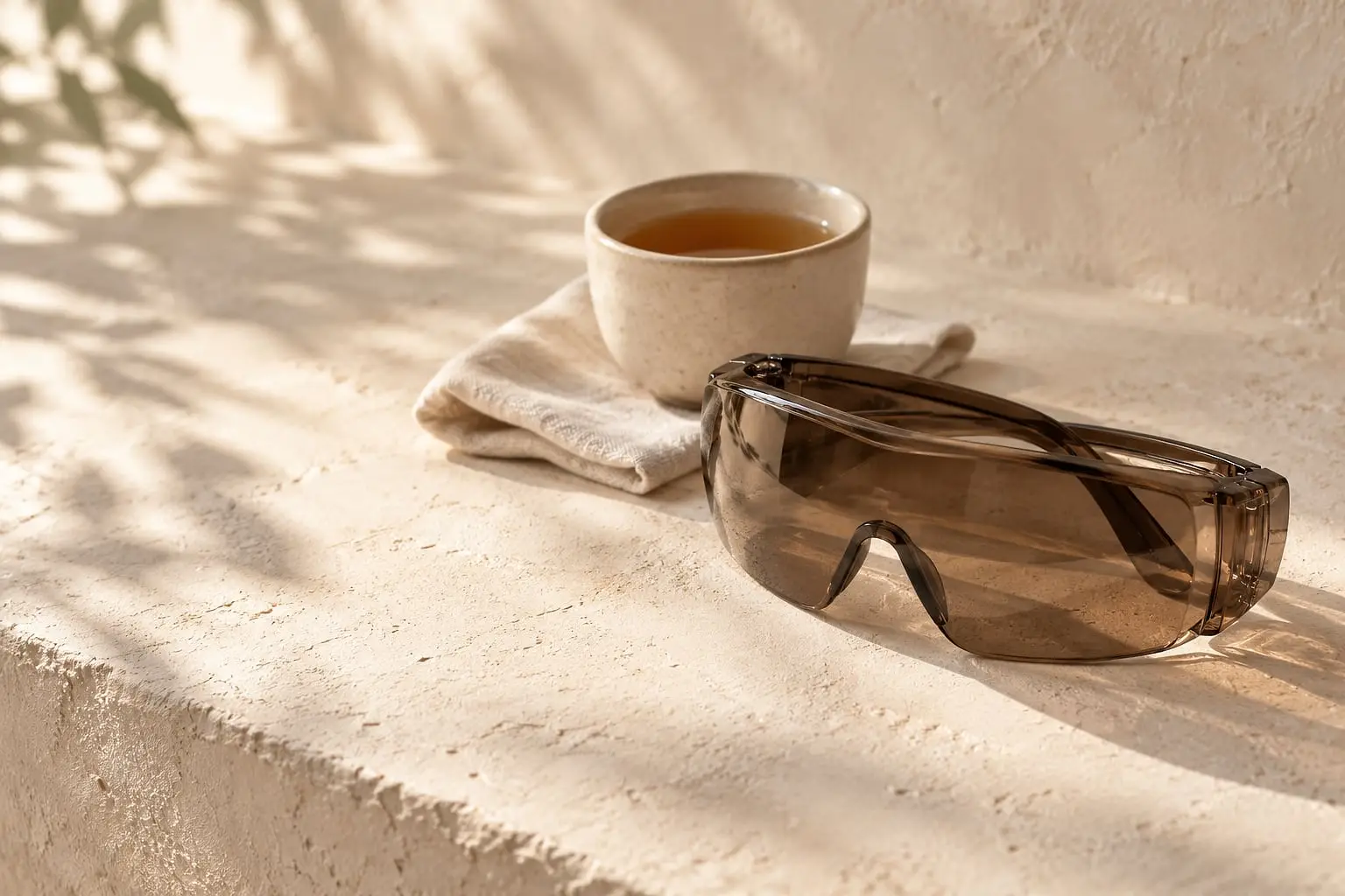 Lentes de protección para paciente junto a una taza de té y una servilleta de lino sobre una repisa de estuco.