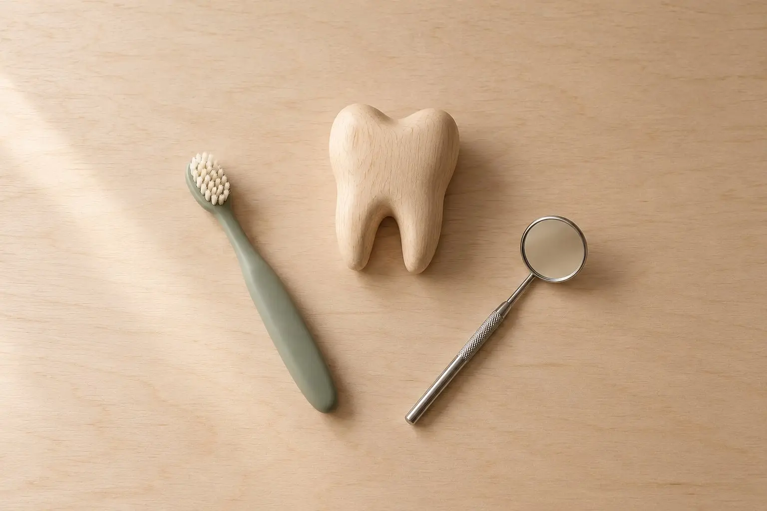 Cepillo infantil verde salvia, un diente de madera y un espejo dental pequeño sobre madera de abedul.