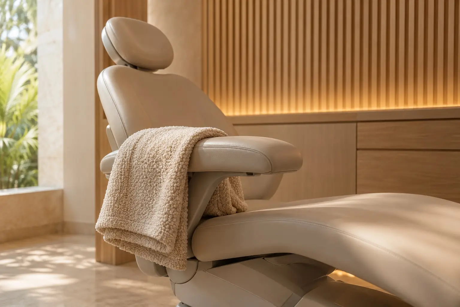 Sillón dental tapizado en crema con una manta doblada sobre el brazo, junto a un muro de listones de roble.