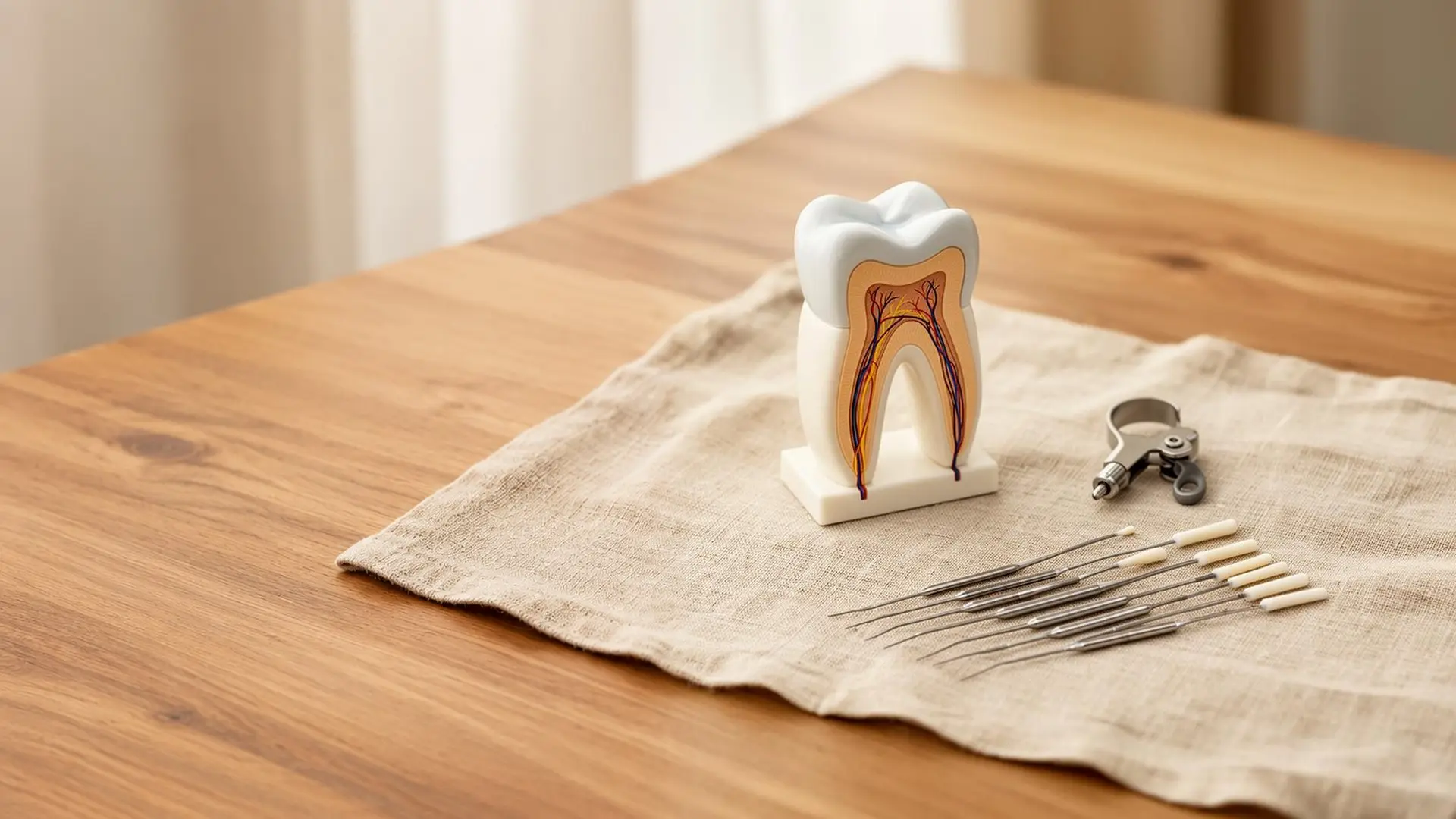 Un modelo de diente en corte que muestra sus conductos, limas de endodoncia y una grapa sobre lino, en una mesa de madera.