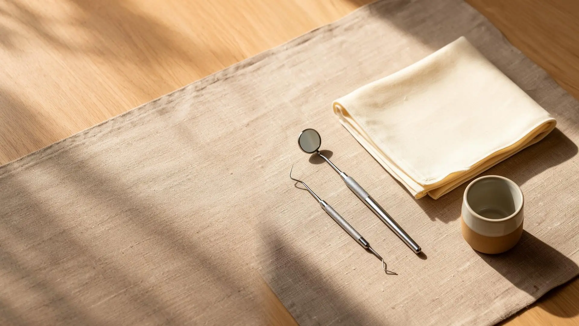 Un espejo y una sonda dentales sobre un camino de lino, junto a una servilleta y un vaso de cerámica, en una mesa de madera.