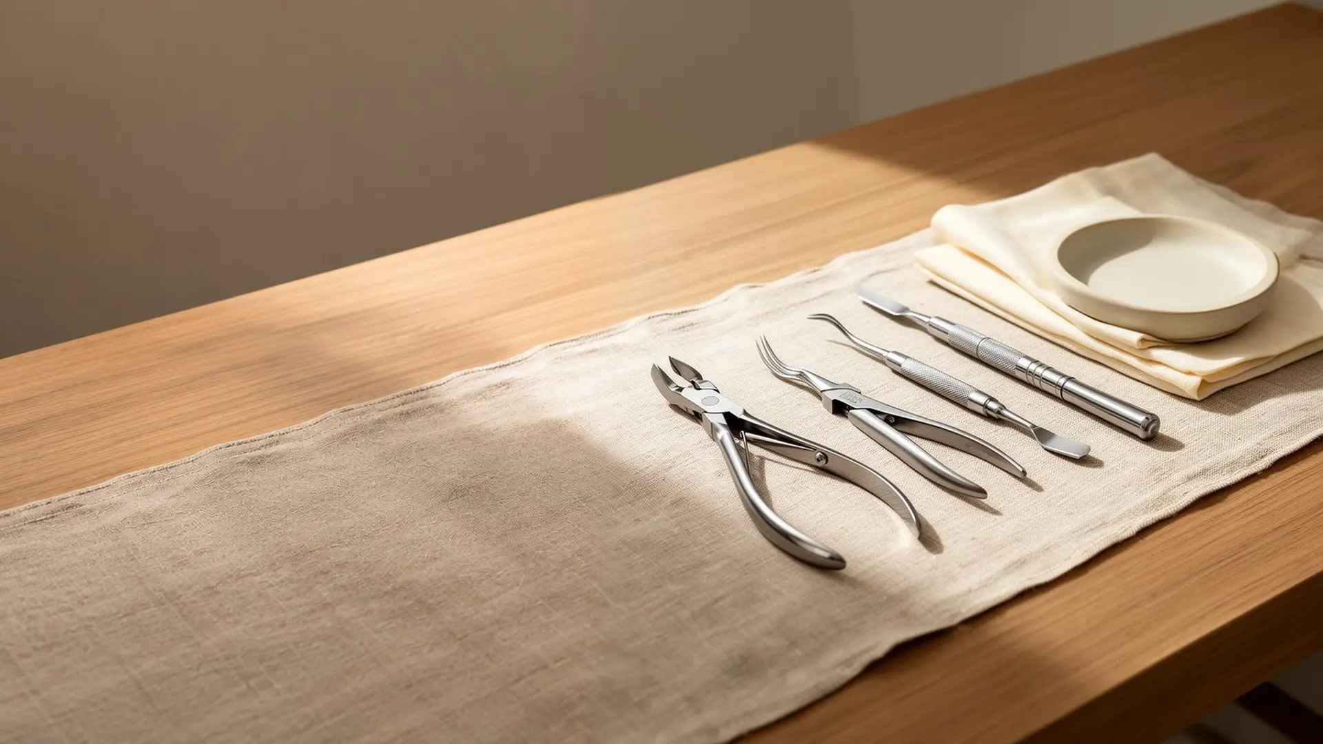Fórceps e instrumentos de cirugía oral alineados sobre un camino de lino, junto a un cuenco de cerámica, en una mesa de madera.