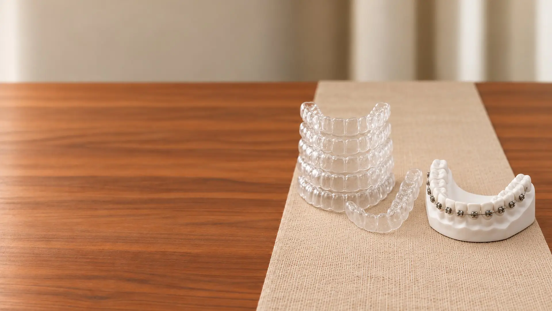 Alineadores transparentes apilados y un modelo con brackets sobre un camino de lino, en una mesa de madera.