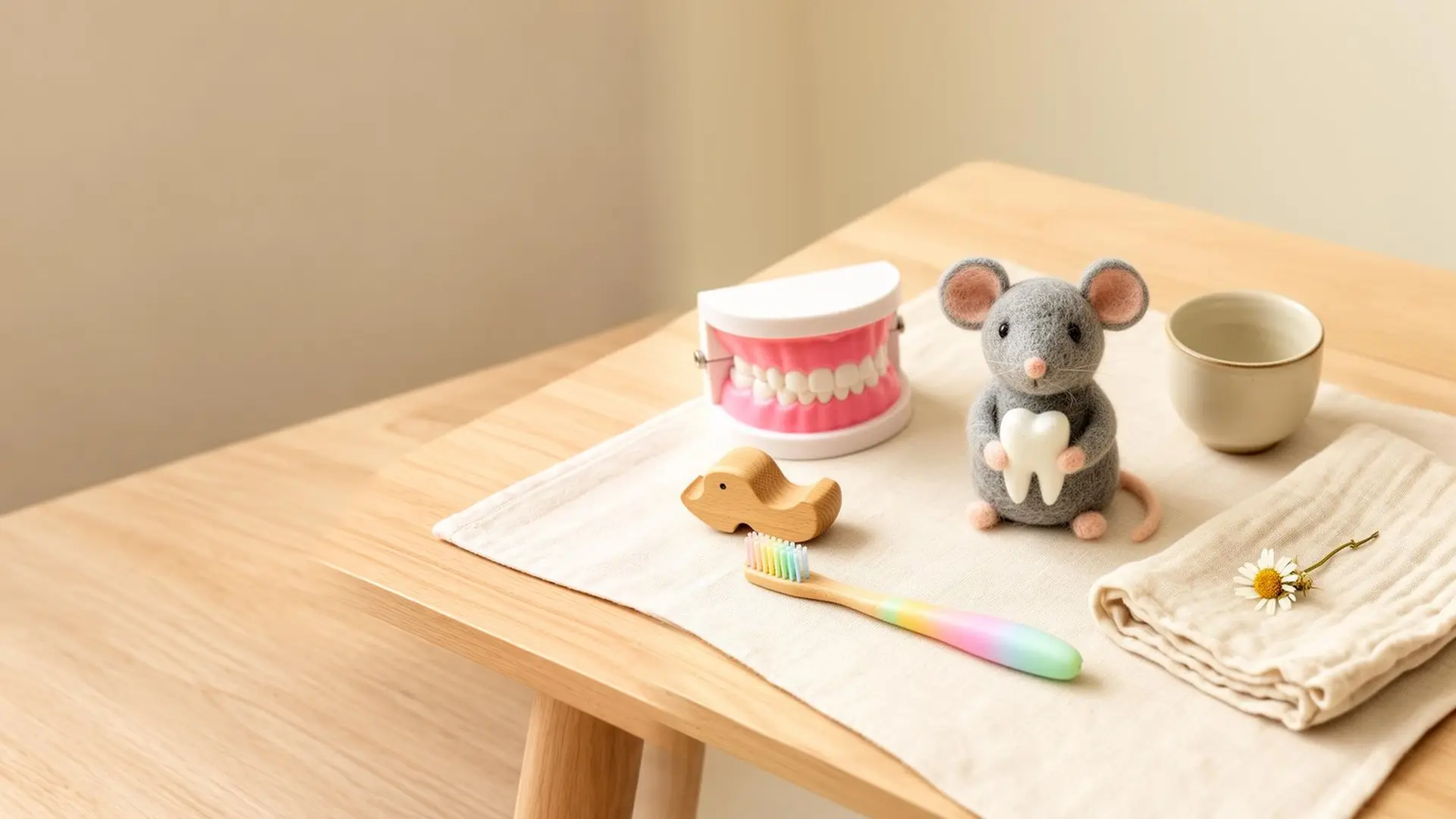 Un modelo dental, un ratón de fieltro con un diente, un cepillo infantil y una flor de manzanilla sobre lino, en una mesa de madera.