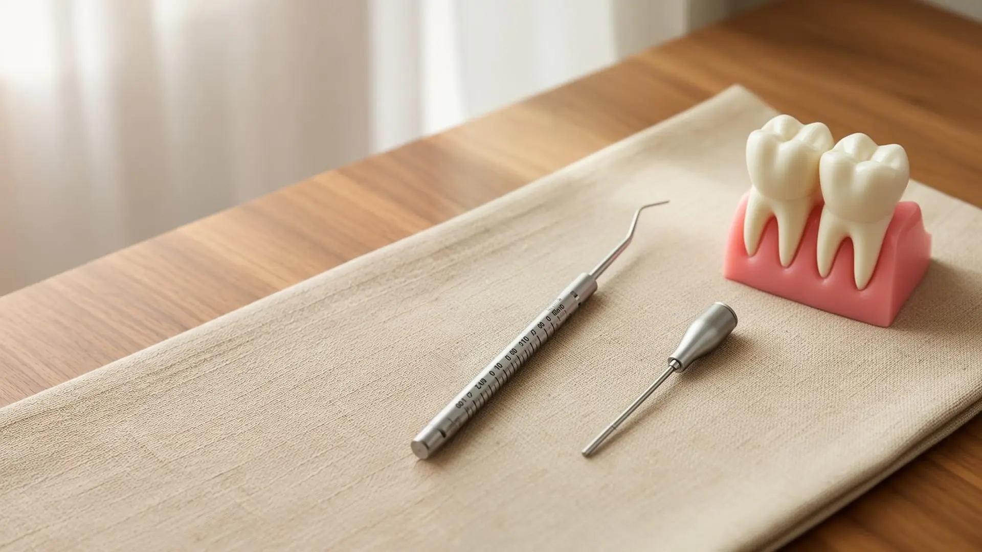 Un modelo de encía con dos dientes, una sonda periodontal y un instrumento sobre un camino de lino, en una mesa de madera.