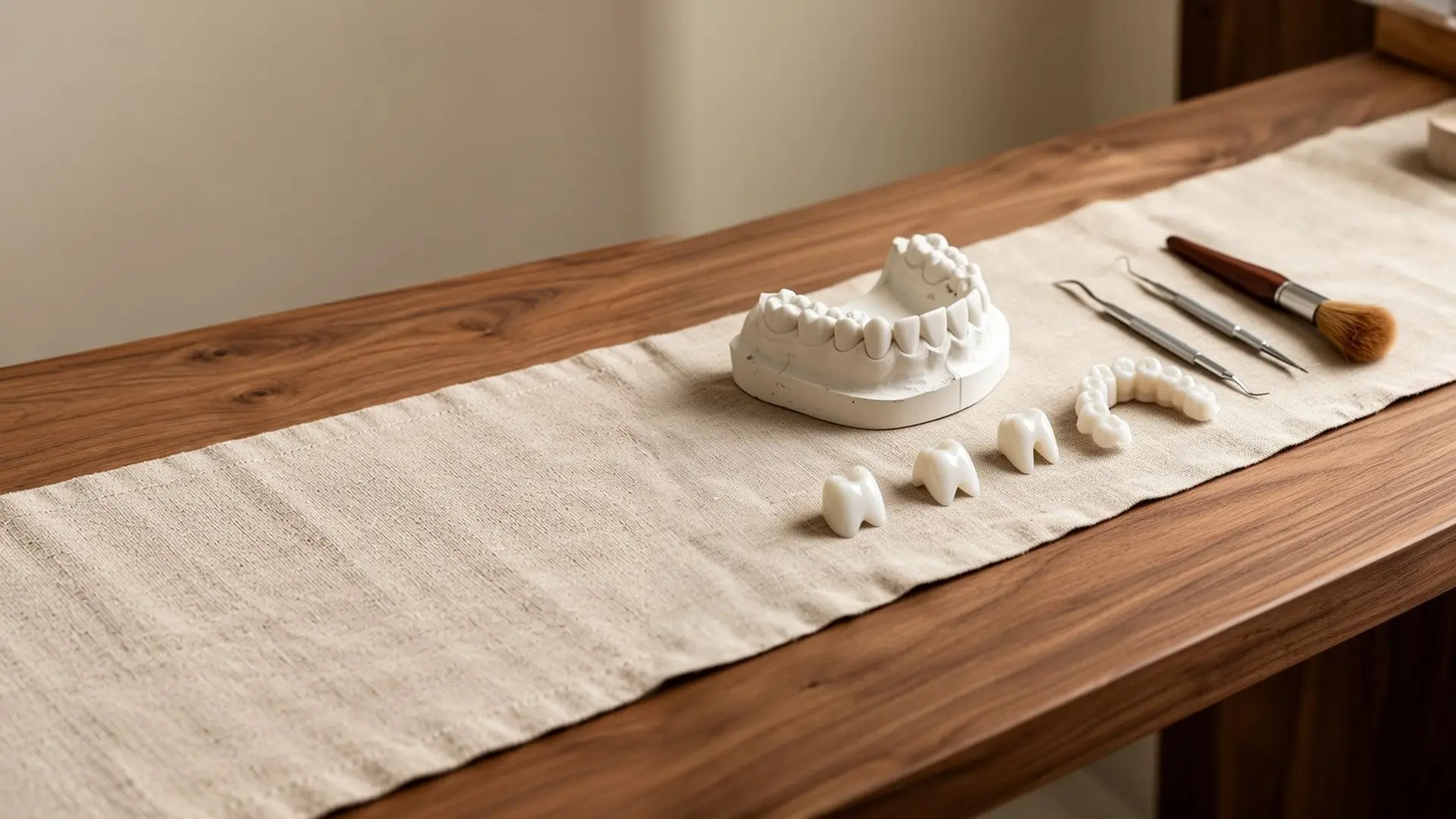 Un modelo dental, coronas, un puente, instrumentos y un pincel sobre un camino de lino, en una mesa de madera.