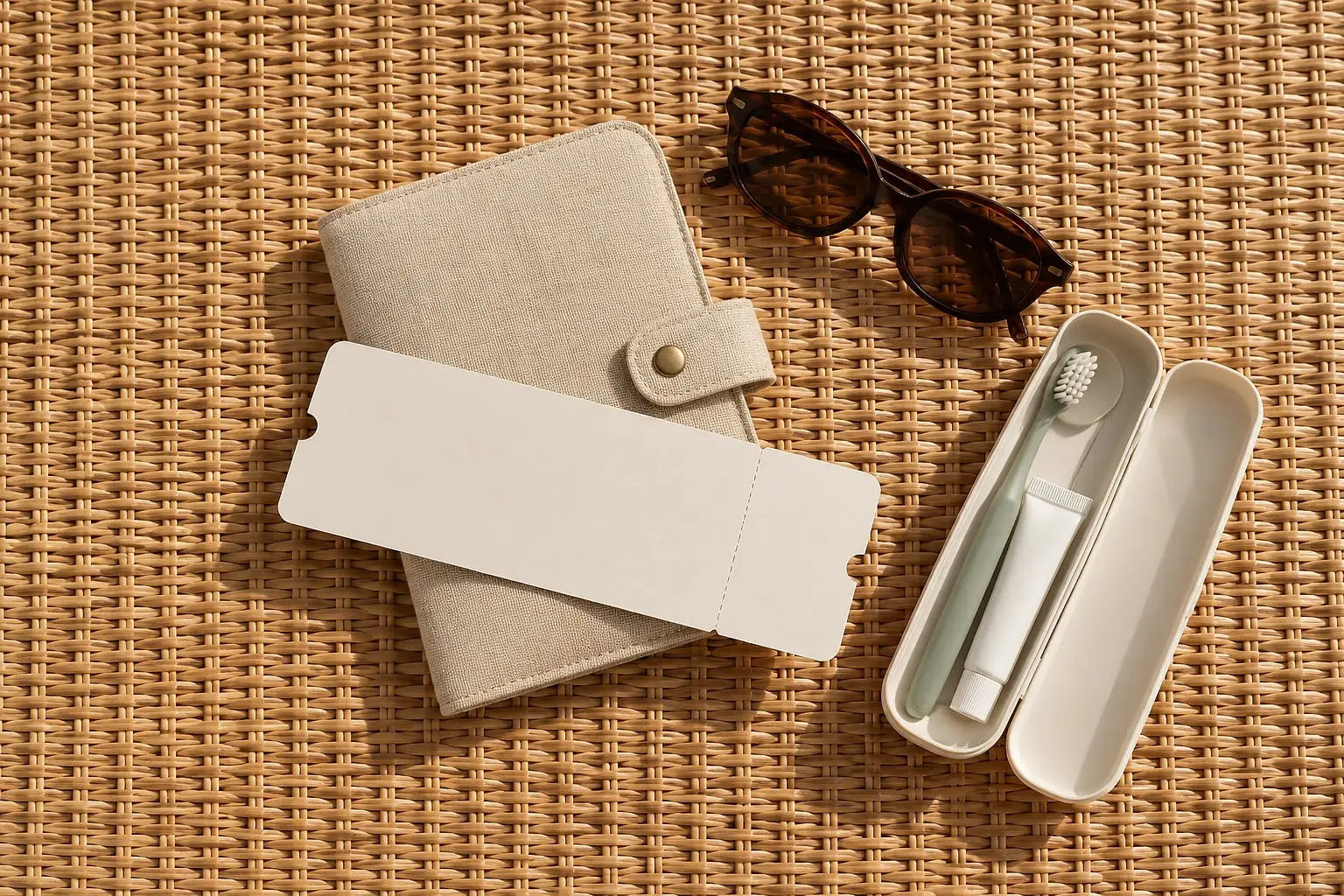 Cartera de viaje de lino, una tarjeta de abordar en blanco, lentes de sol y un estuche con cepillo de viaje sobre ratán.